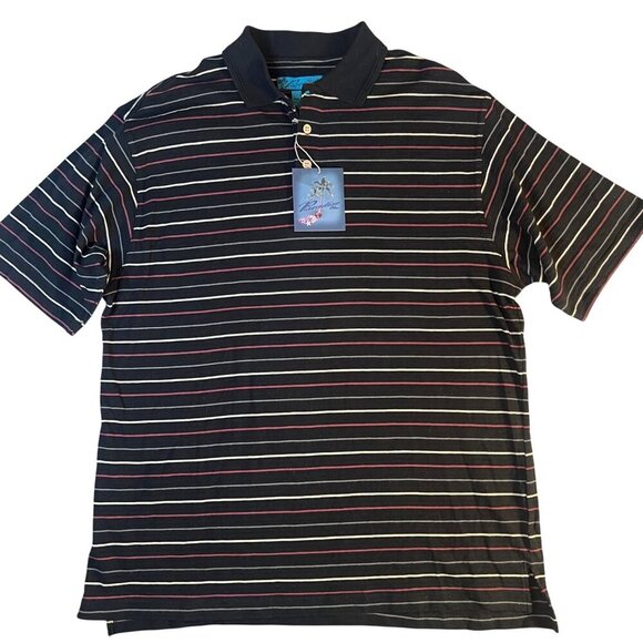 Vintage Paradise Blue Mens Striped Polo Shirt L 100% Cotton Black Red & White - Picture 1 of 6